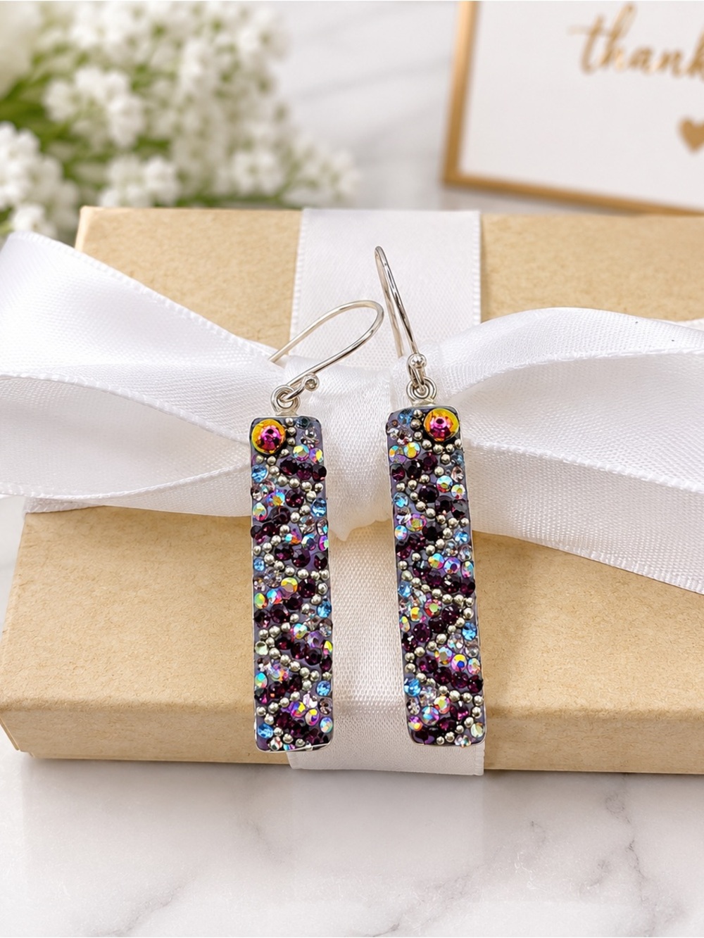 Sterling Silver 925 Purple Austrian Crystal Dichroic Glass Bar Drop Earrings